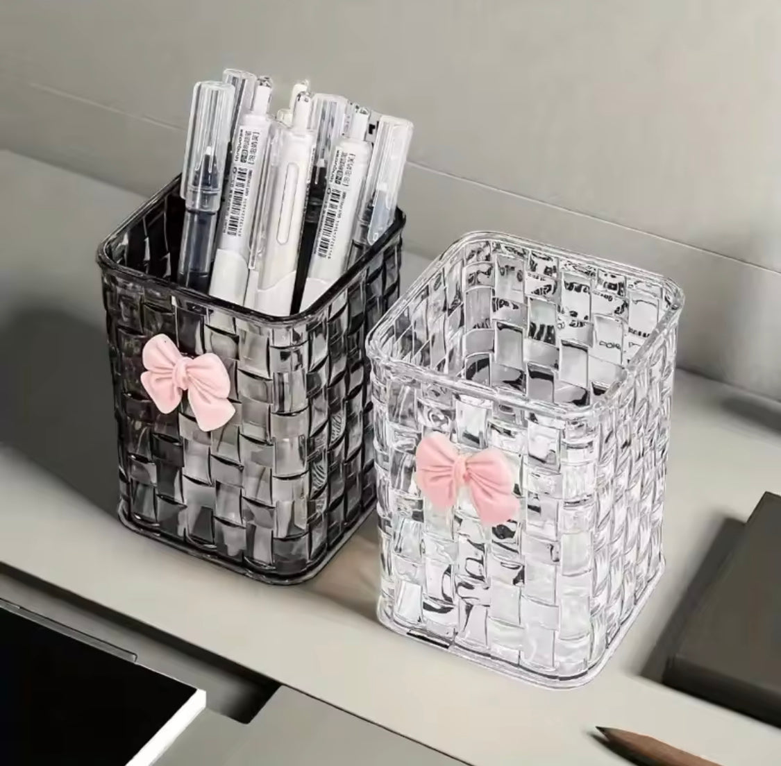 Acrylic Makeup Brush Storage Box, Rattan Weave Desk Cosmetic Organizer, Desktop Eyebrow Pencil Storage Bucket, Jewelry Cosmetic Organizer, Dressing Table Makeup Brush Organizer Acrylic Makeup Brush Storage Box, Rattan Weave Desk Cosmetic Organizer, Desktop Eyebrow Pencil Storage Bucket, Jewelry Cosmetic Organizer, Dressing Table Makeup Brush Organizer